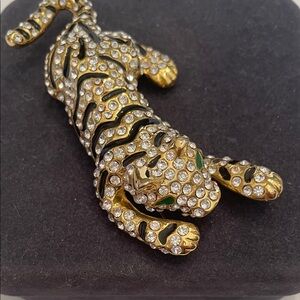 Vintage Gold & Black Rhinestone Tiger Brooch with Green Enamel Eyes
